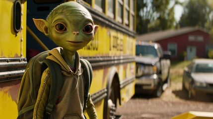 Cinematic moment of a friendly alien eagerly boarding a school bus, their backpack slung over one shoulder, as they embark on another day of learning adventures 03