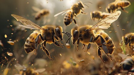 Fototapeta premium Honey bees flying in the air. Macro shot of bees
