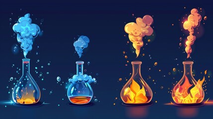In this cartoon illustration, the liquid reagent is being emitted from the beaker in stages and there is smoke in the background. This is a science experiment with yellow fluid. - obrazy, fototapety, plakaty