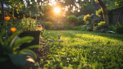 Evening light on a vibrant green yard with gardening activity