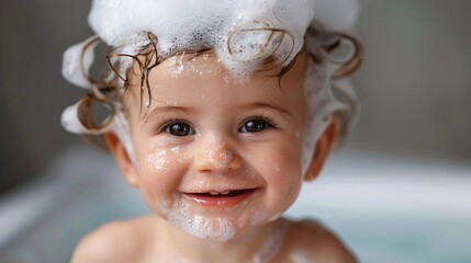 A smiling baby with lots of foaming shampoo on his head 03