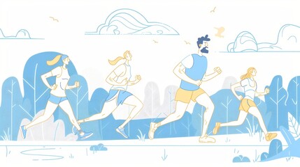 Runner's web banner, parents and children invited to run outdoors. Jogging, sports competition, characters promoting healthy living. Modern illustration.