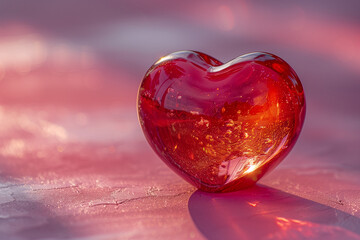 A red heart made of glass on a pink background