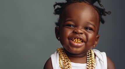 A smiling baby rapper with big gold chains 04