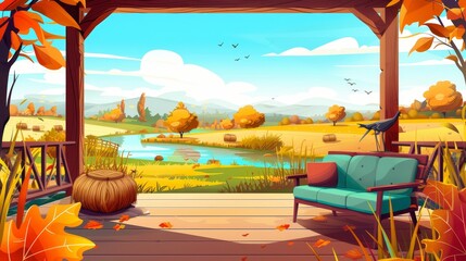 Autumn countryside view from wooden house terrace. Modern illustration of rural landscape with fields, river, hay bales, and cottage veranda or balcony. - obrazy, fototapety, plakaty