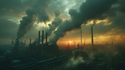 A factory emitting smoke, with polluted skies as the background, during peak production hours