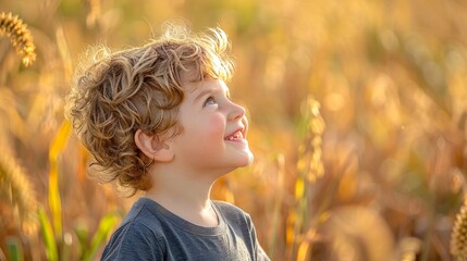 Delightful child with beautiful curly hair smiling and joyfully looking to the side