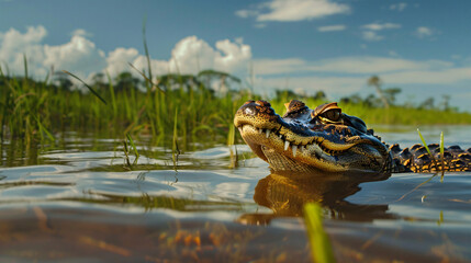 Yacar caiman lurking in the waters of Pantanal wetland