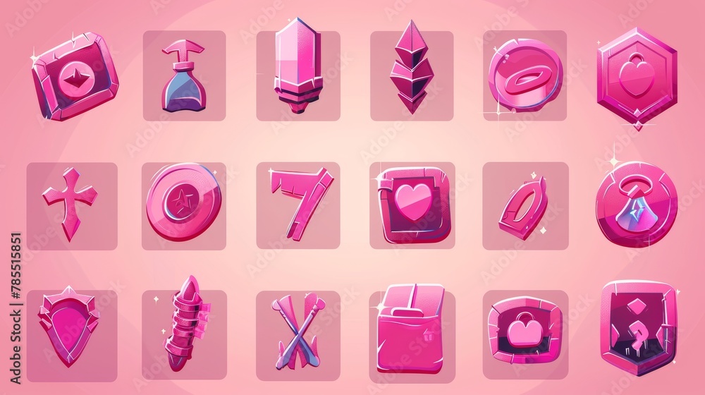 Poster there are pink glossy boards of win or lose when playing the game and labels of level and experience