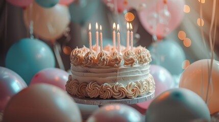 Elegant birthday cake with candles amidst whimsical balloon bunches - obrazy, fototapety, plakaty
