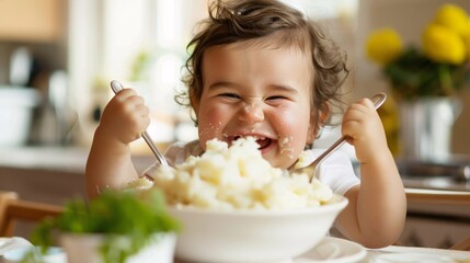 A smiling baby eating mashed potatoes 01