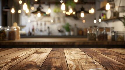Rustic Wooden Tabletop in Cozy Kitchen with Warm Bokeh. - obrazy, fototapety, plakaty