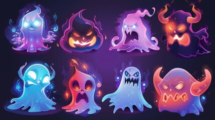 Cartoon ghosts. Spooky spirits emoji smiling, yelling, and saying boo. Fantasy monsters, horror, phantom personages, modern illustration. - obrazy, fototapety, plakaty