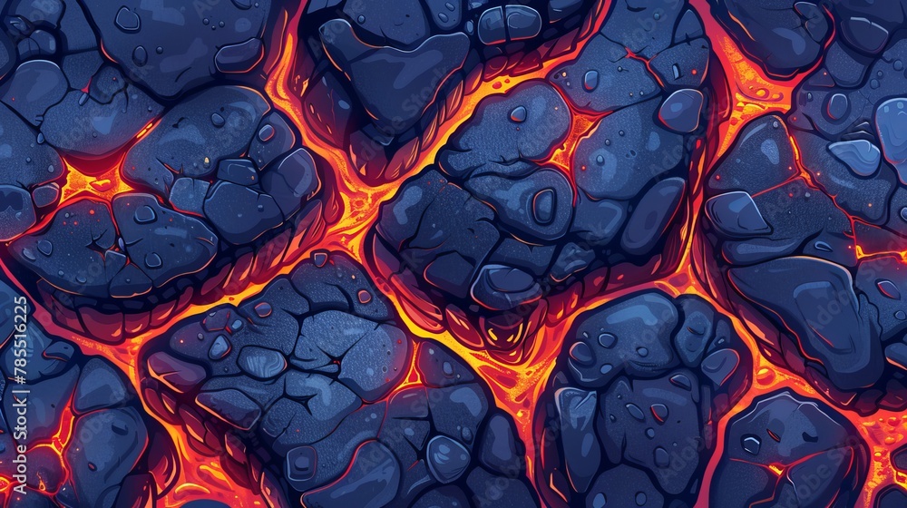 Poster top view of liquid lava flows and cracks in the ground showing a red glow. modern seamless patterns 