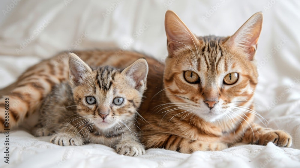 Poster marbled cat and kitten portrait with spacious area on the left ideal for customized text insertion
