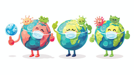 Animated healthy sick earth planets characters wear p