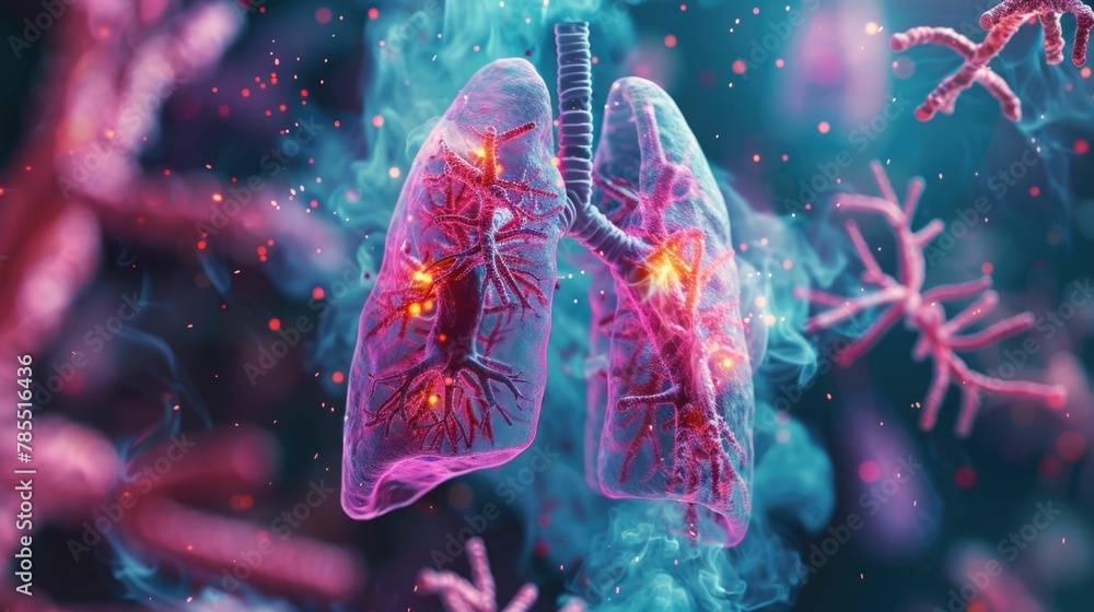 Poster microscopic view of tuberculosis bacteria attacking lung tissue highlighting the importance of vacci