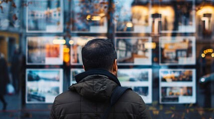 A man studying real estate listings displayed in the window of a property agency
