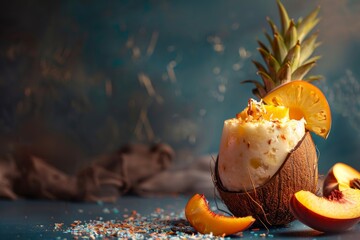 A tropical coconut filled with ice cream and pineapple slices on a table - obrazy, fototapety, plakaty