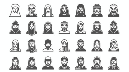Arabic and muslim people faces icons thin line art se