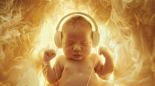 A fetus in utero listens to music through headphones, bathed in a gentle, warm light, while the mother's movements create a sense of comfort and security