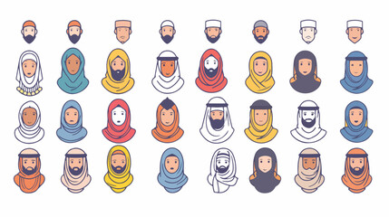 Arabic and muslim people faces icons thin line set. F