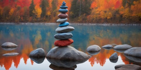 A stack of rocks sitting on top of a body of water