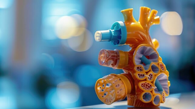Asthma Inhaler Device and Airway Model Showcasing Respiratory Health Information