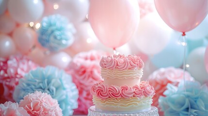 Soft pinks and blues in a dreamy birthday celebration scene