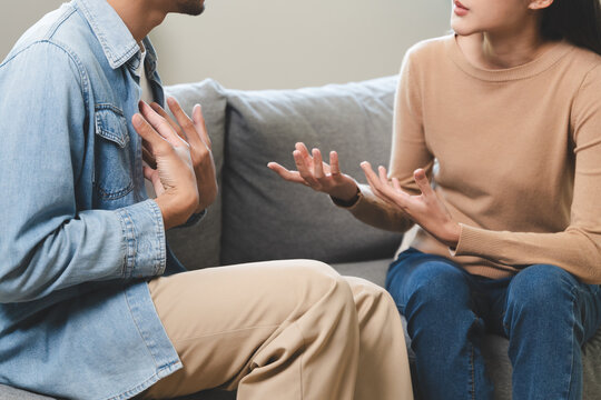 family problem concept, Closeup view husband and wife have a quarrel and shouting at each other at home .