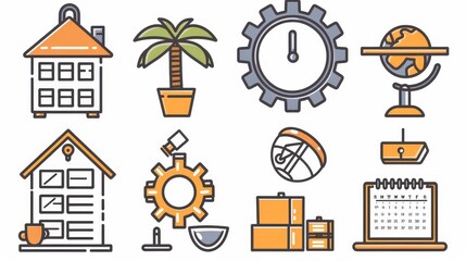 Fototapeta na wymiar Home office, freelance modern icons set with a cogwheel, palm tree, house, globe and a cup of coffee. Desk, calendar, laptop, table lamp, planter, pot and profile elements, Line Art modern elements.