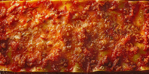 Delicious homemade lasagna with tomato sauce baked on a sheet pan in a casserole dish
