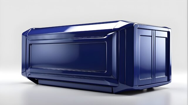 A photorealistic image featuring a futuristic container with a glossy, dark blue finish and sharp angles. The container is depicted standing isolated against a plain white background, highlighting its