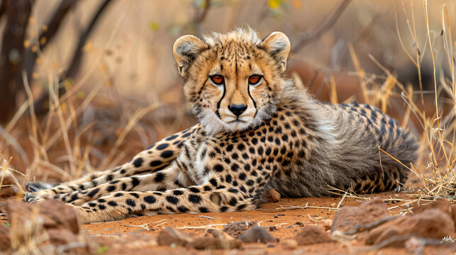 Young cheetah lying on the ground looking ahead