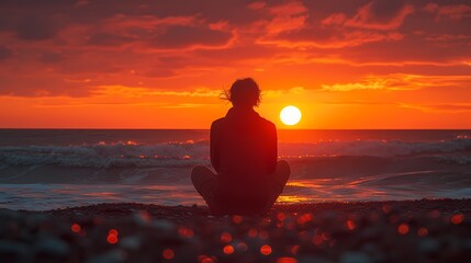 A silhouette of a person sitting on a beach, watching the sunset, evoking a sense of peace and tranquility - obrazy, fototapety, plakaty
