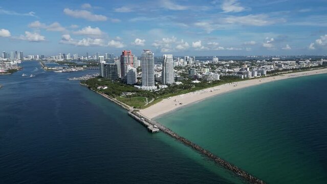 Aerial view of South Point, South Beach, Miami, Florida. South Pointe Park, Government Canal in Miami.