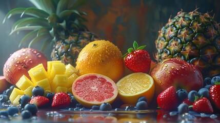 Colorful mix of fresh fruits with a focus on textures