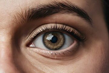 Close up brown eye with future cataract protection scan contact lens, illustrating eye health...