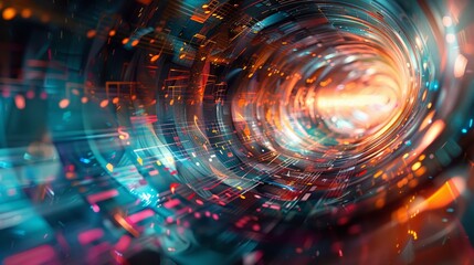 Abstract musical composition with flowing staves and vivid geometry