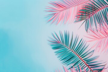Palm leaf on a pink-blue background. Top view of the minimalistic concept of summer.