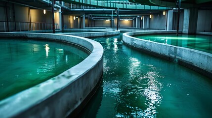 Green-hued water in circular treatment tanks at an industrial plant