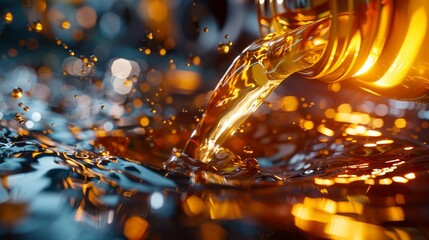 Stream of golden motor oil pouring into a car's engine bay - obrazy, fototapety, plakaty
