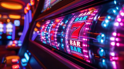 3D closeup of a slot machines spinning reels, focusing on the sleek mechanical design in a modern casino