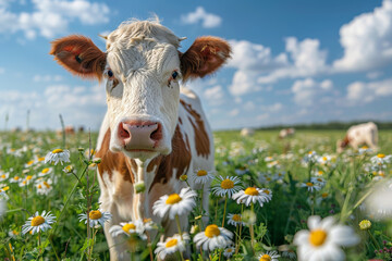 In the pastoral meadow of countryside, a curious cow grazes under the sunny blue sky. - obrazy, fototapety, plakaty