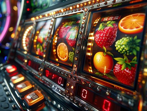 3D closeup of a slot machines spinning reels, focusing on the sleek mechanical design in a modern casino
