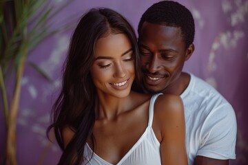A young black couple shares a romantic moment outdoors, basking in the summer sun, embracing love and togetherness.