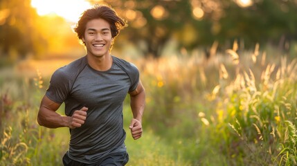 Active and joyful asian man maintaining health through scenic jogging and running outdoors