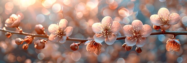 In the spring, flowers bloom under sunbeams, revealing the beauty of nature's seasonal blossoming. - obrazy, fototapety, plakaty