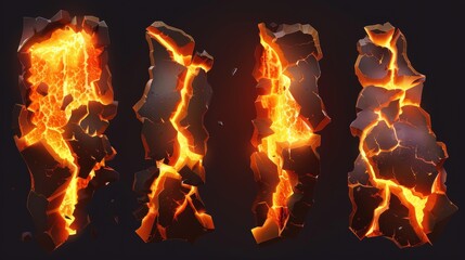 An orange glow fills cracks in the ground from volcanic magma. Destruction, damage, and fissure effects after a disaster. Realistic 3D modern set.