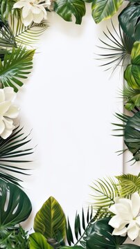 White frame background, tropical leaves and plants around the white rectangle in the middle of the photo with space for text